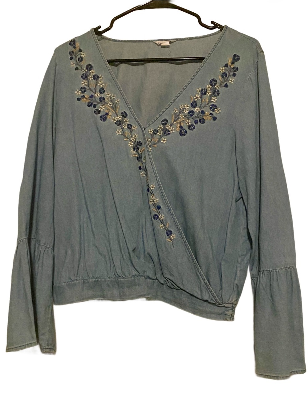Aeropostale Dusty Blue Floral Embroidered Wrap Blouse